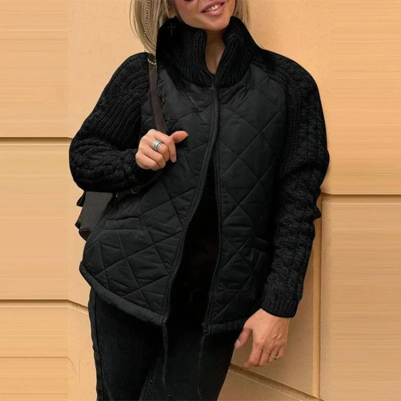 Warm Padded Women's Coat with Knit Sleeves