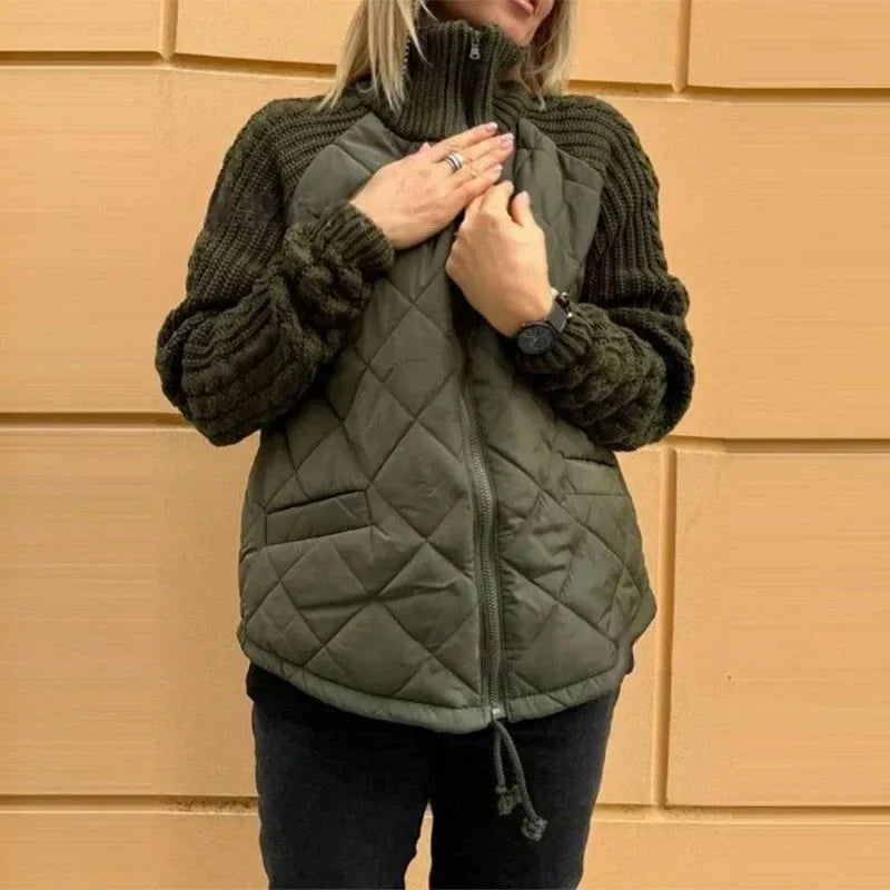 Warm Padded Women's Coat with Knit Sleeves