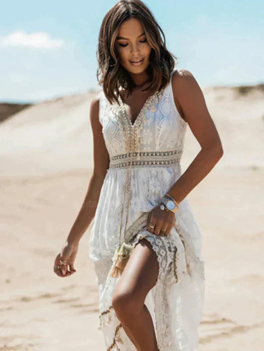 Elegant Lace Sleeveless Floor Length Dress - OutfitLondon