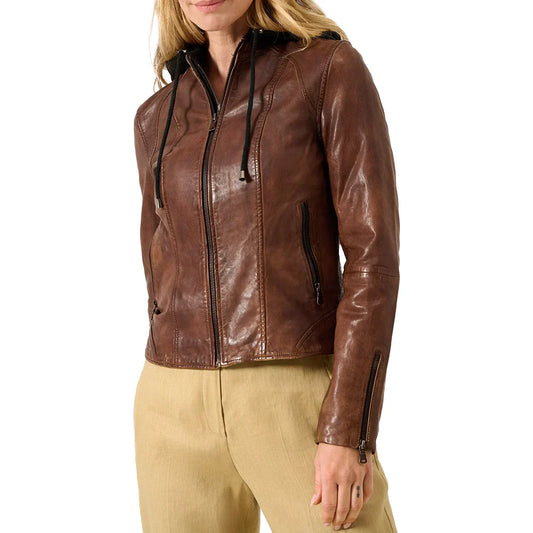Women's Leather Hooded Jacket Dark Brown - OutfitLondon