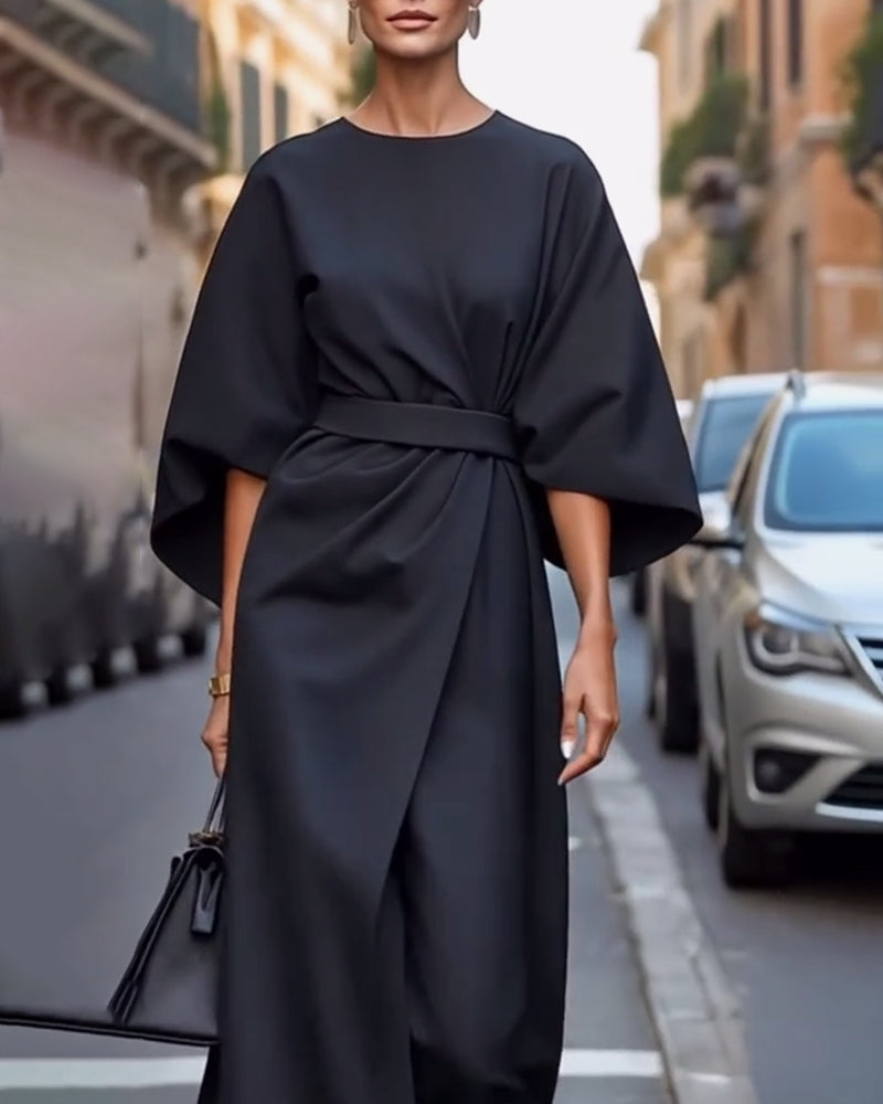 Stylish Dress with Bell Sleeves and Waist Belt