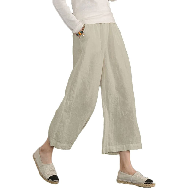 Women Loose Cotton Capris Cropped Wide Leg Pants