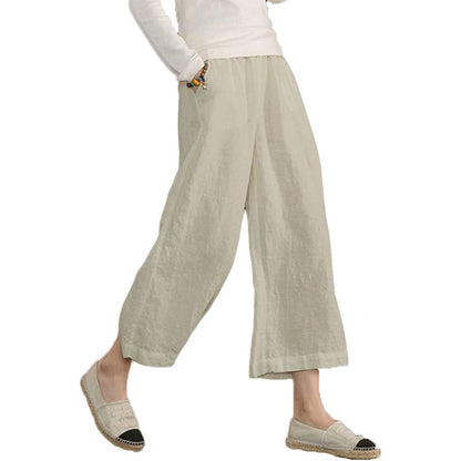 Women Loose Cotton Capris Cropped Wide Leg Pants