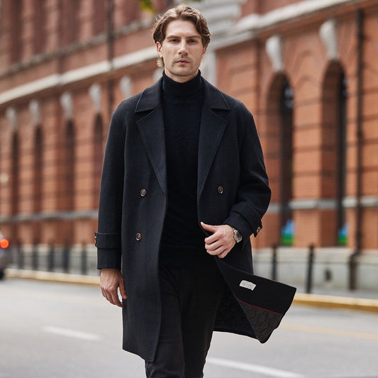 Men's Classic Wool Blend Mid-Length Double-Breasted Overcoat