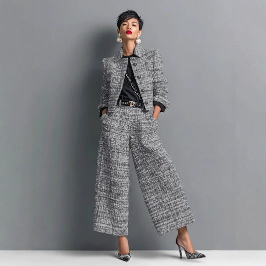 Women's Slim-Fit Plaid Cotton Top and Wide-Leg Pants Set