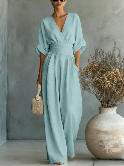 Women's Casual V-Neck Wide Leg Cotton Jumpsuit