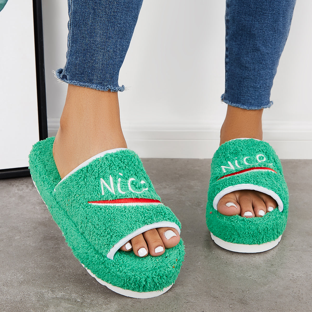 Warm Open Toe Flat Furry Slippers Cozy Slide Shoes
