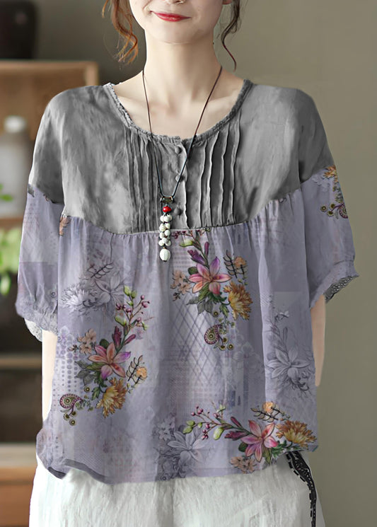 Women's Linen Blend Mid Sleeves Gray Floral Purple Breathable - OutfitLondon