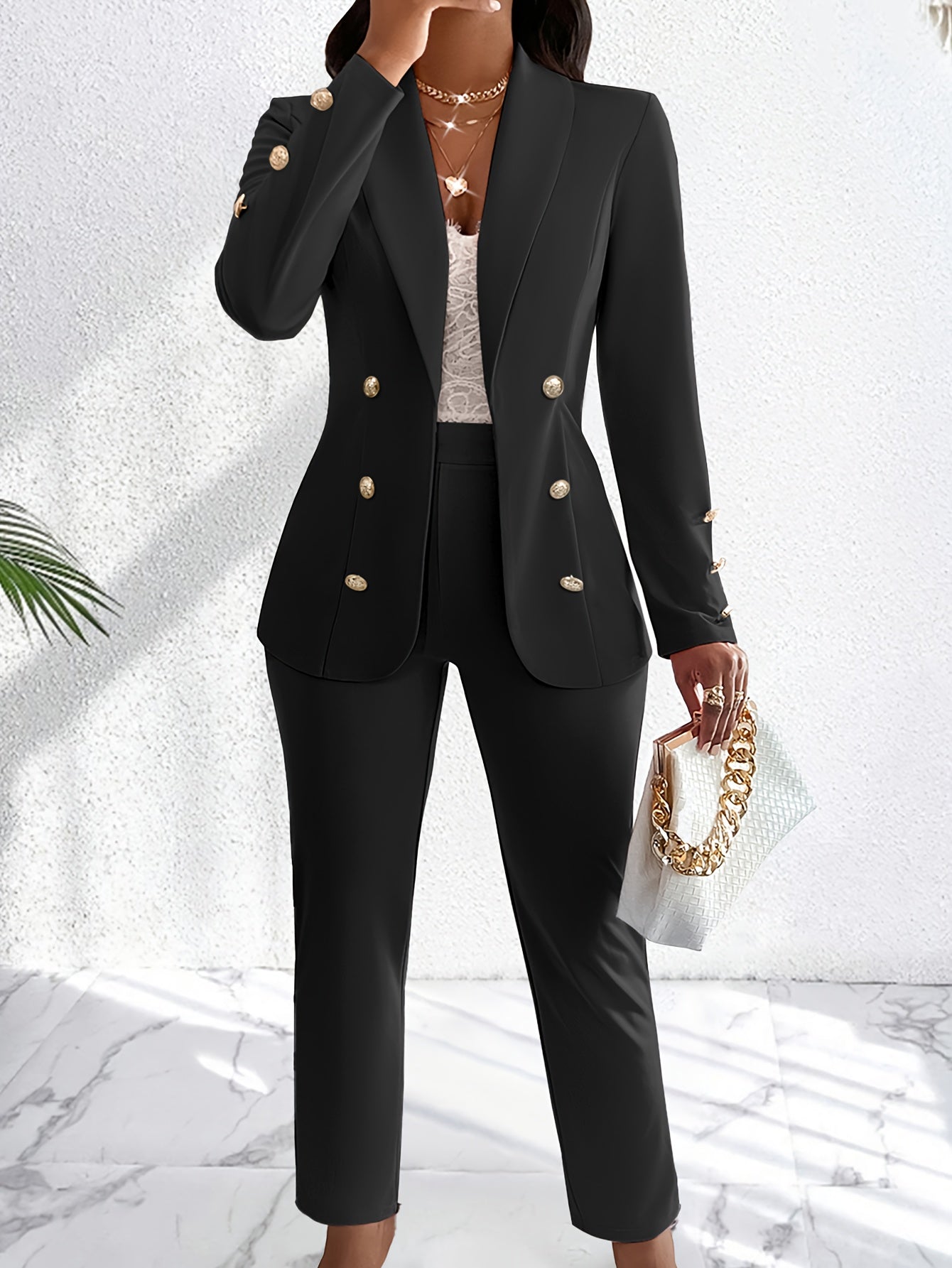 Elegant Ladies 2 Piece Gold Button Suit Set - OutfitLondon