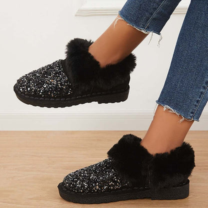 Faux Fur Sequin Flat Ankle Boots Side Zipper Short Booties