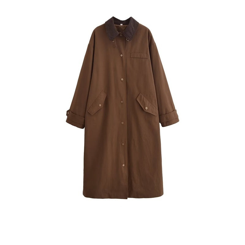 Women's Classic Wool Blend Long Trench Coat with Patchwork Collar