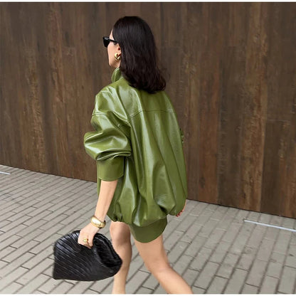 Classic Faux Leather Zipper Jacket High Neck Bomber