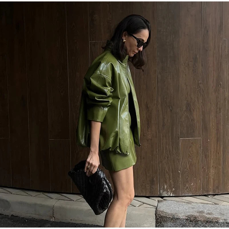 Classic Faux Leather Zipper Jacket High Neck Bomber