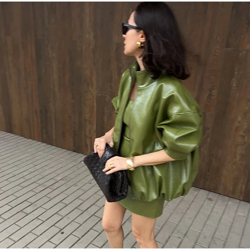 Classic Faux Leather Zipper Jacket High Neck Bomber