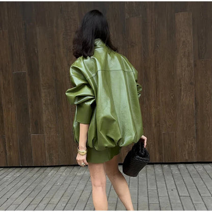 Classic Faux Leather Zipper Jacket High Neck Bomber