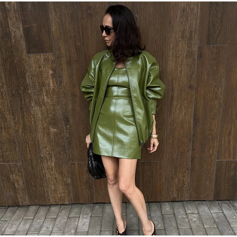 Classic Faux Leather Zipper Jacket High Neck Bomber