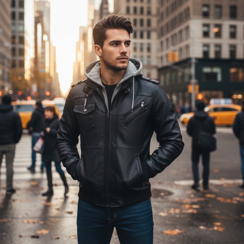 Removable Hood Genuine Leather Jacket - OutfitLondon