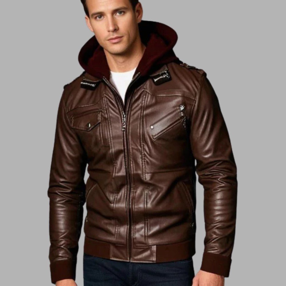 Removable Hood Genuine Leather Jacket