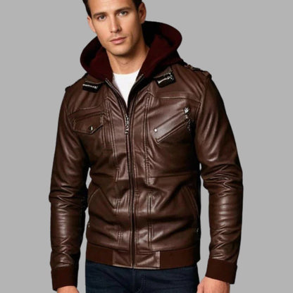 Removable Hood Genuine Leather Jacket