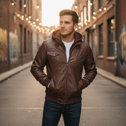Removable Hood Genuine Leather Jacket