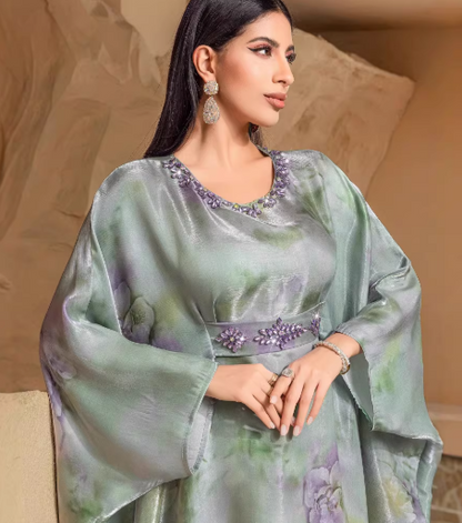 Women's Green Fruit Print Holiday Dress Batwing Sleeves