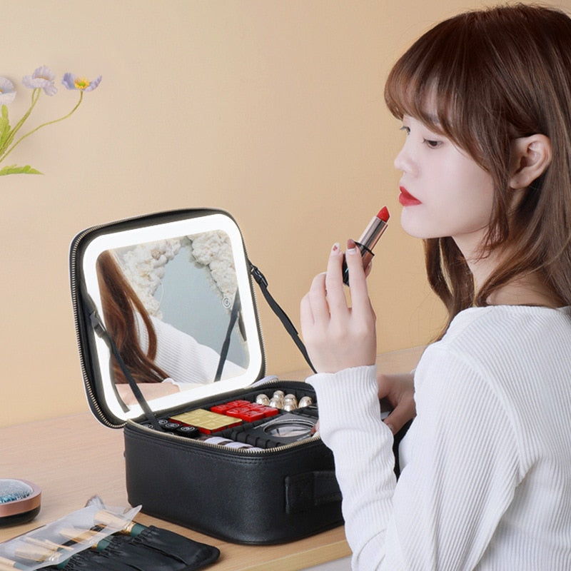 Smart LED Cosmetic Case With Mirror Large Capacity Cosmetic & Toiletry Bags Travel Makeup Case