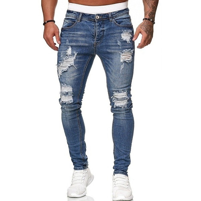 Men's Vintage Denim Ripped Straight Jeans Stacked Ripped