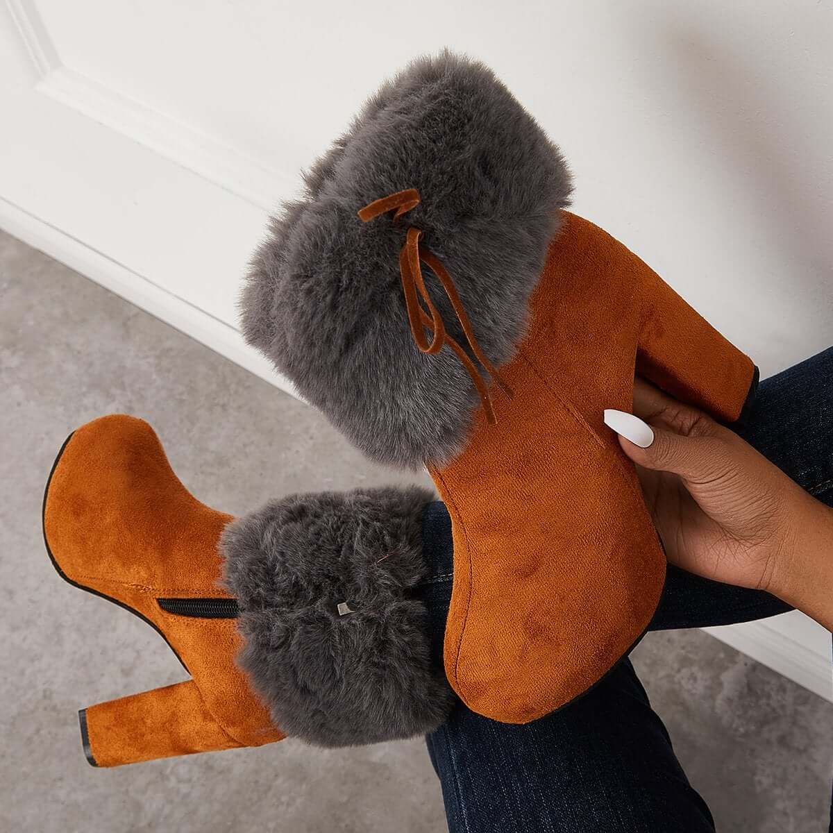 Furry Lined Ankle Snow Boots Platform Chunky High Heel Booties