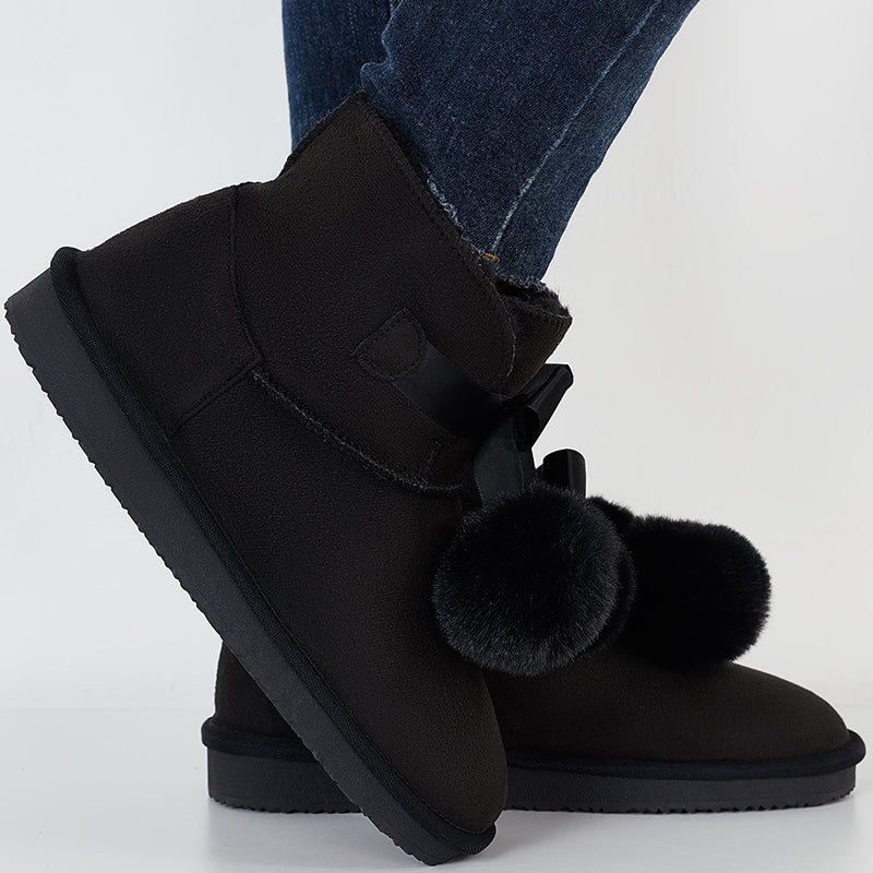 Winter Snow Boots Faux Fur Lined Pompom Slip on Warm Ankle Boots