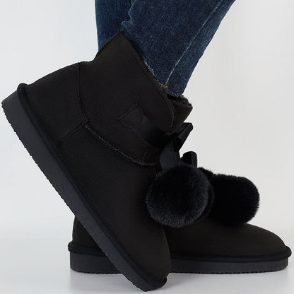 Winter Snow Boots Faux Fur Lined Pompom Slip on Warm Ankle Boots