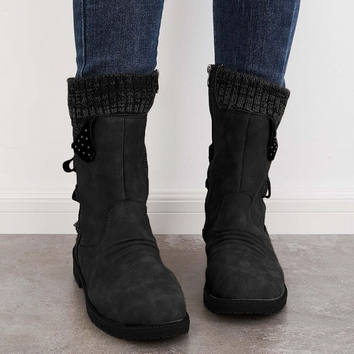 Waterproof Suede Block Heel Ankle Boots Side Zipper Booties