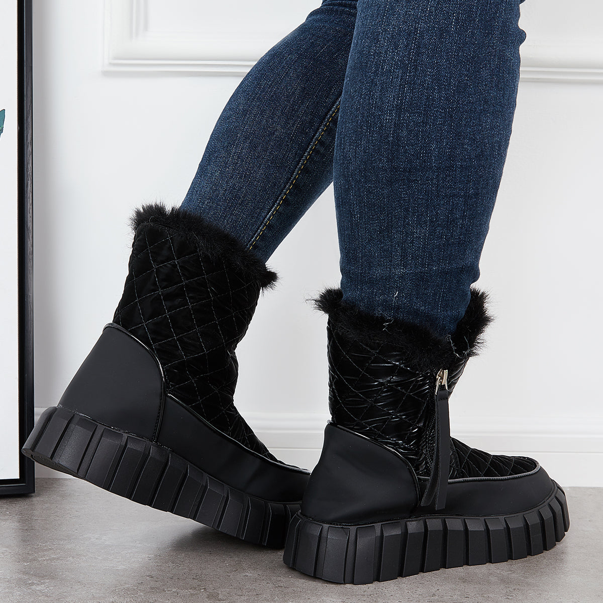 Platform Warm Faux Fur Lined Boots Side Zipper Snow Booties