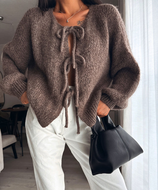 Warm Beige Cardigan with Cute Bow Accent - OutfitLondon