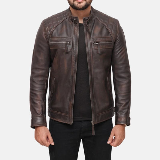 Men's Brown Leather Biker Jacket Quilted Shoulders Zip Pockets - OutfitLondon