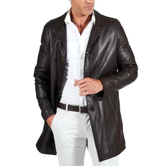 Men's Distressed Leather Coat Brown Quarter Length - OutfitLondon
