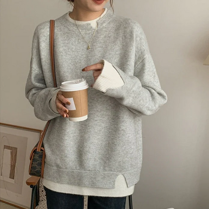 Soft Oversized Gray White Knit Sweater for Women - OutfitLondon