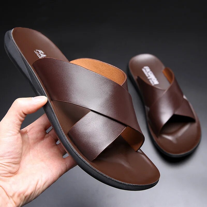Men's Strap Leather Sandals - Comfortable Summer Slides - OutfitLondon