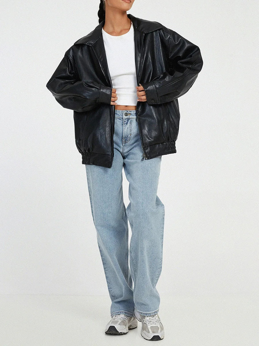 Women's Plus Size Synthetic Leather Zip Jacket - OutfitLondon