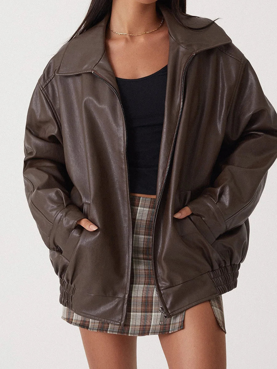 Women's Plus Size Synthetic Leather Zip Jacket