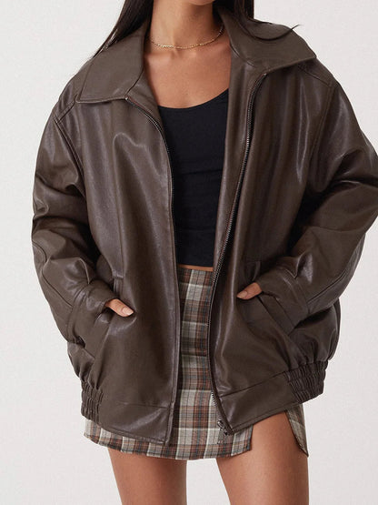 Women's Plus Size Synthetic Leather Zip Jacket