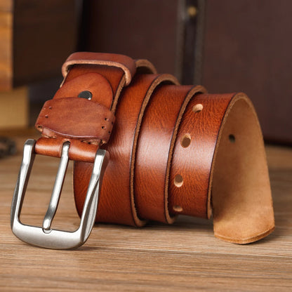 Brown Leather Belt with Traditional Metal Buckle