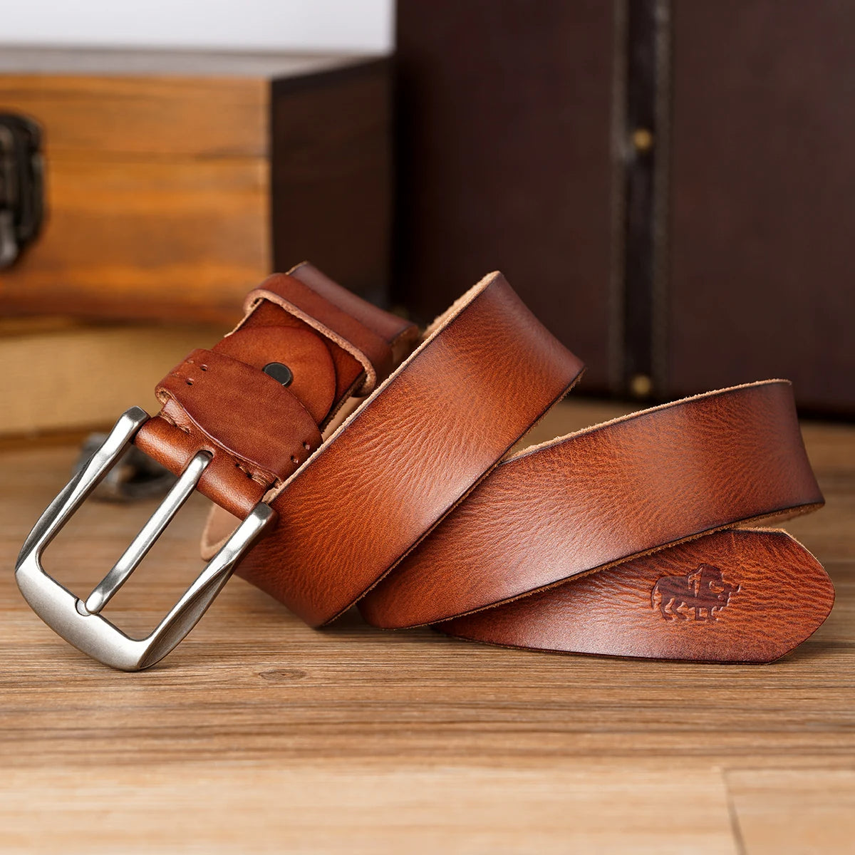 Brown Leather Belt with Traditional Metal Buckle