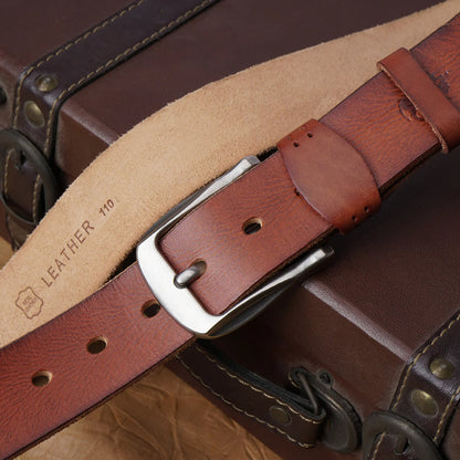 Brown Leather Belt with Traditional Metal Buckle