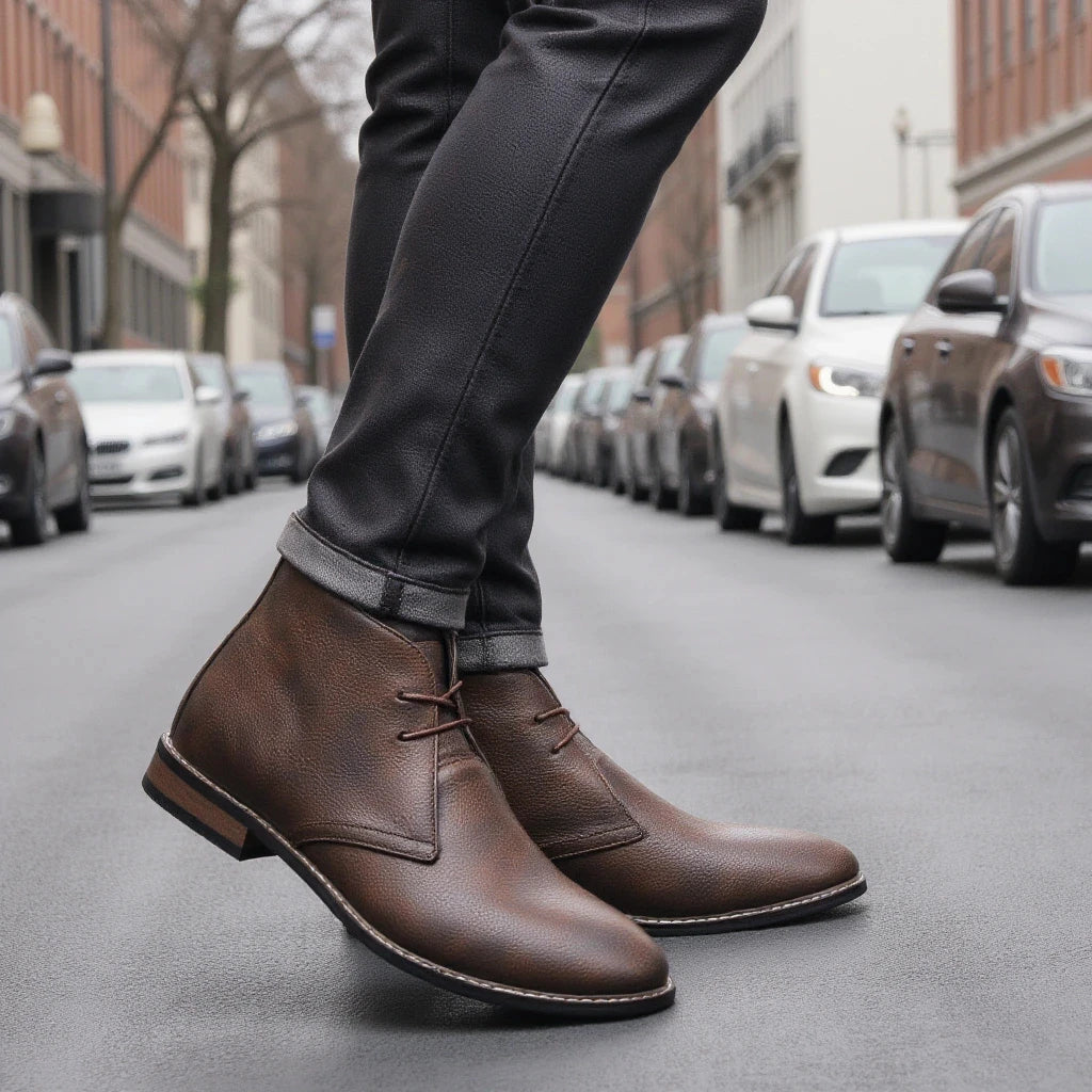 Trendy Men's Leather Ankle Boots Lace Up Style