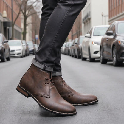 Trendy Men's Leather Ankle Boots Lace Up Style
