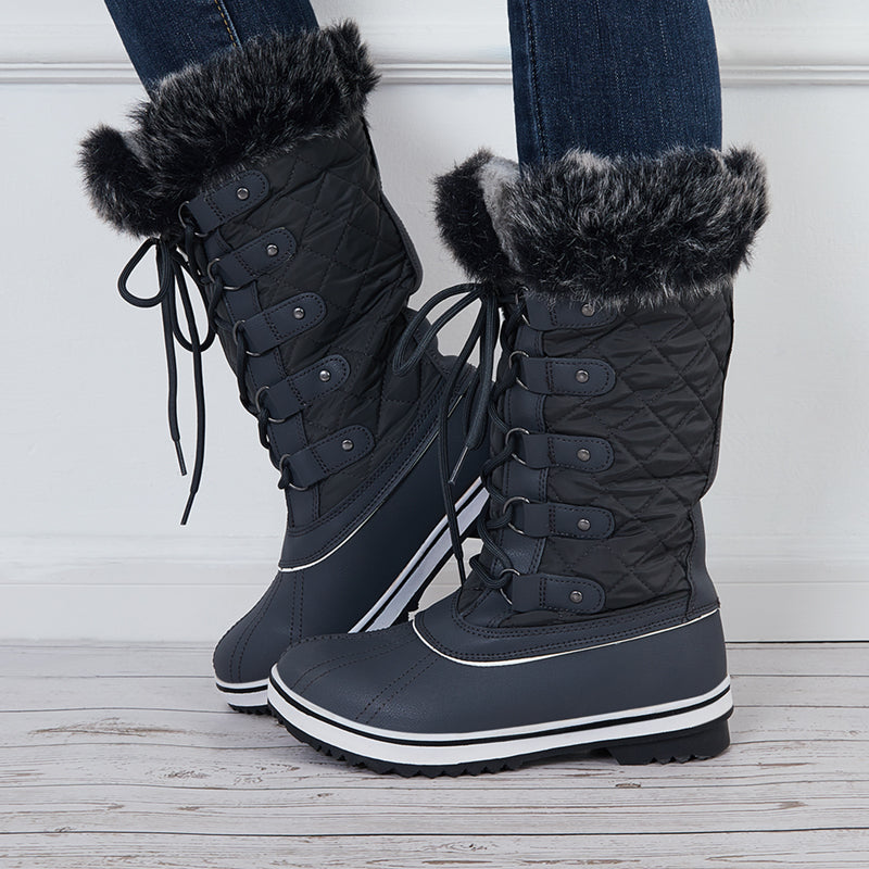 Warm Snow Boots Faux Fur Lined Lace up Mid Calf Winter Duck Boots