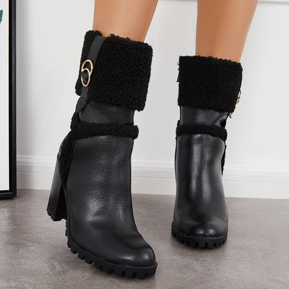 Fur Lined Ankle Snow Boots Side Zipper Chunky Heel Booties