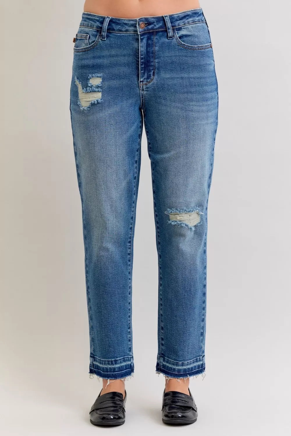 Relaxed Fit High Waist Ripped Blue Jeans - OutfitLondon