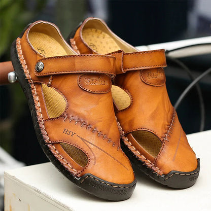 Men's Summer Hand Stitching Soft Outdoor Closed Toe Leather Beach Sandals Slippers