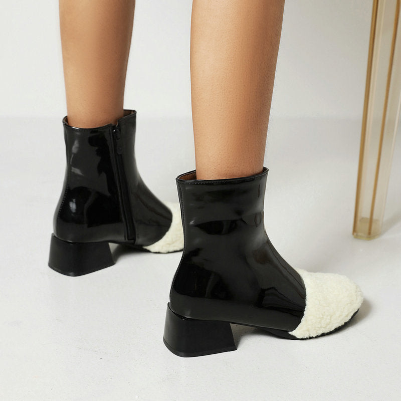 Winter Leather Waterproof Ankle Boots Block Heel Warm Snow Booties